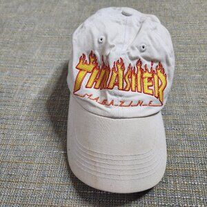 Thrasher Mens OS Canvas White Hat Baseball Cap Adjustable Flame Embroidered =